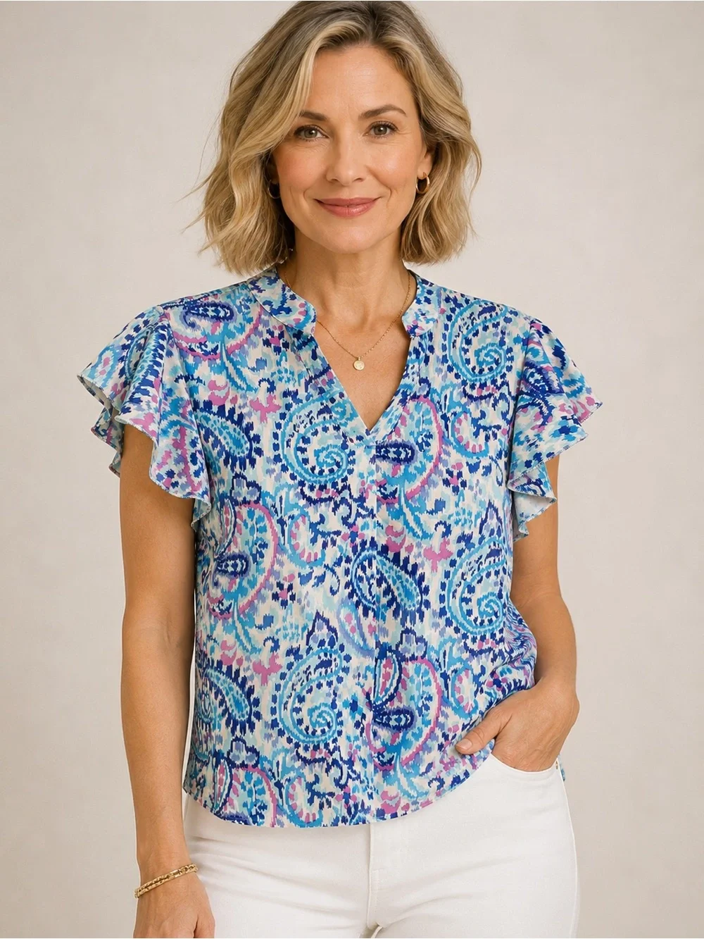 NWOT - Paisley Flutter Sleeve Blouse -SzL - Picture 1 of 9